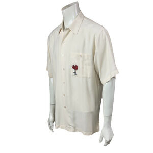 LUAU Men’s Cream Silk Shirt Wine Me Embroidered Short Sleeve Size L